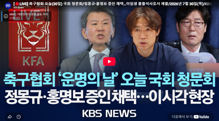 대한축구협회 <b>청문회</b> 생중계 시간 날짜 명단 축구<b>청문회</b> 방송... 