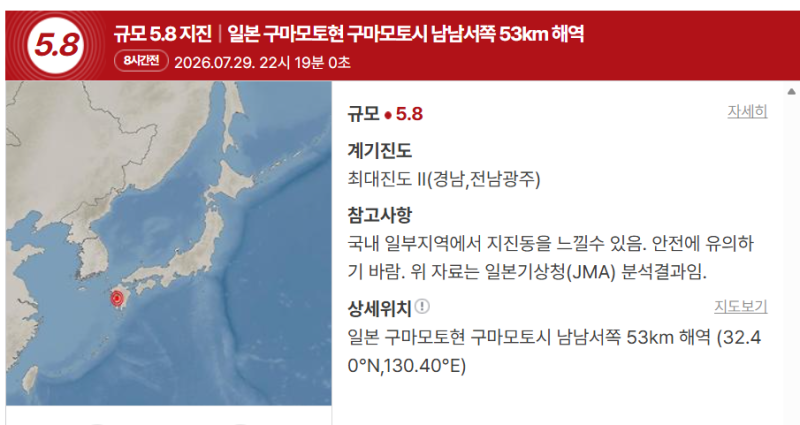 일본 구마모토 규모 5.8 여진 추가 발생… 국내 흔들림 감지 및 최신 상황 정리