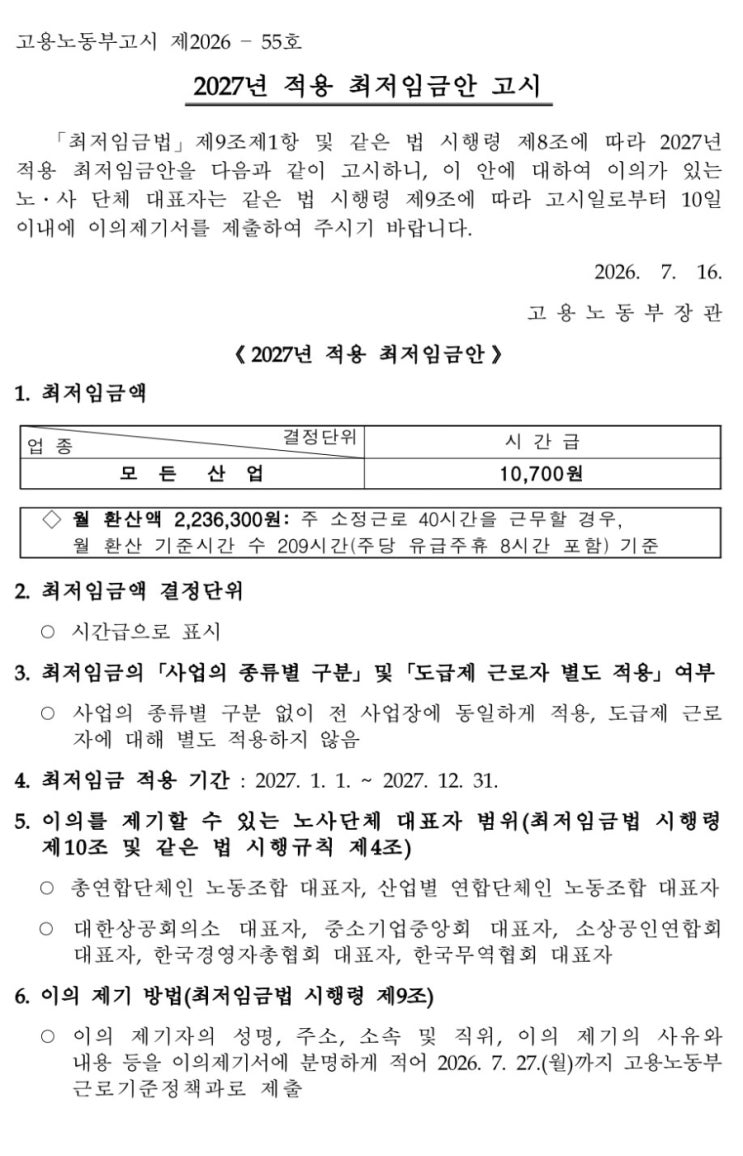 2027년 <b>최저임금</b>은 10,700원