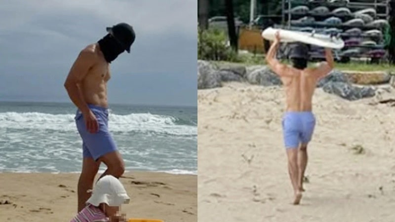 김무열, 얼굴은 가리고 다니던 아빠의 가족 휴가 사진…상의를 벗은 한 장에서 몸 관리가 먼....