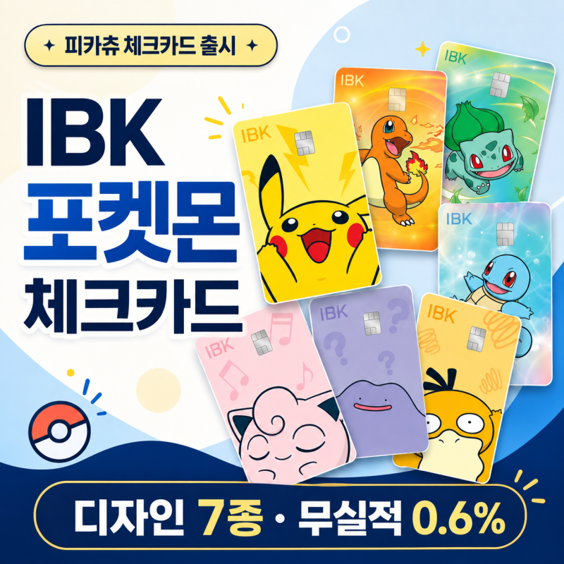 IBK 포켓몬 체크카드 출시 : 피카츄 등 디자인 7종·무실적 0.6% 할인 총정리썸네일 문구