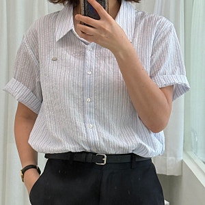 여름 반팔 셔츠 추천 아워호프 시어서커 스트라이프 네크라인 셔츠 (스카이블루 착용 후기)