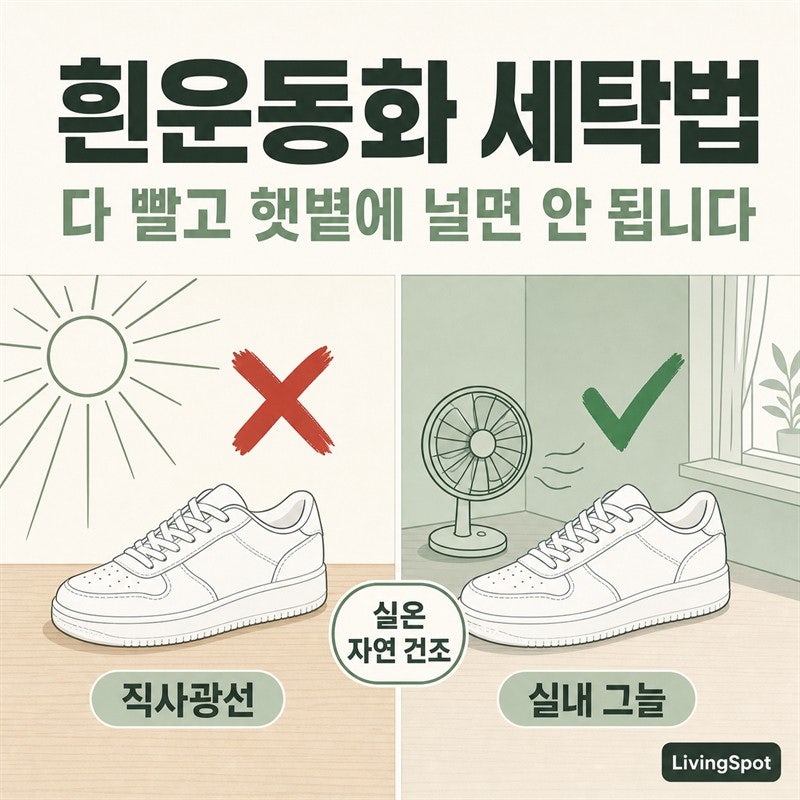 흰운동화 세탁법 — 다 빨고 햇볕에 널면 안 됩니다 (세탁기 가부·표백제·밑창·건조)