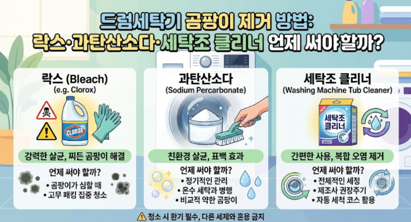 드럼세탁기 곰팡이 제거 방법, 락스·과탄산소다·세탁조 클리너 언제 써야 할까?