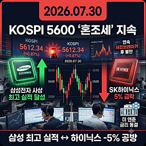 2026.07.30 코스피 5600선 혼조, 삼성전자 최대 실적에도 SK하이닉스 5% 하락