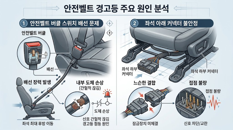 좌석을 앞뒤로 움직일 때 안전벨트 경고등이 켜지는 주요 원인