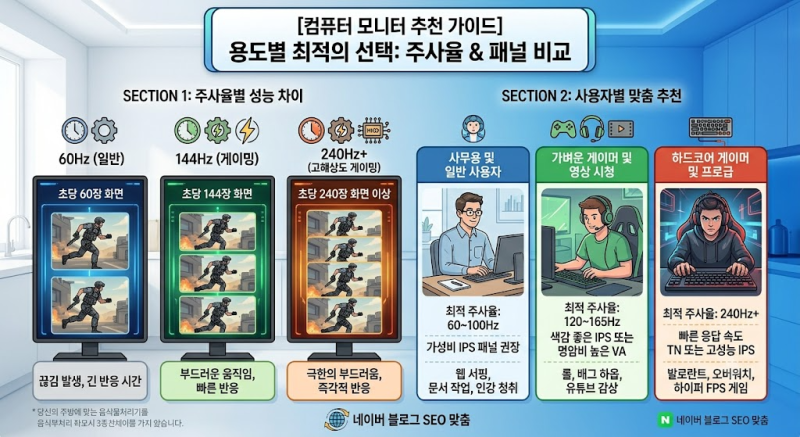 [모니터 선택 2탄] 모니터 주사율 비교! 60Hz vs 144Hz vs 240Hz 차이 및 용도별 게이밍 모니터 추천