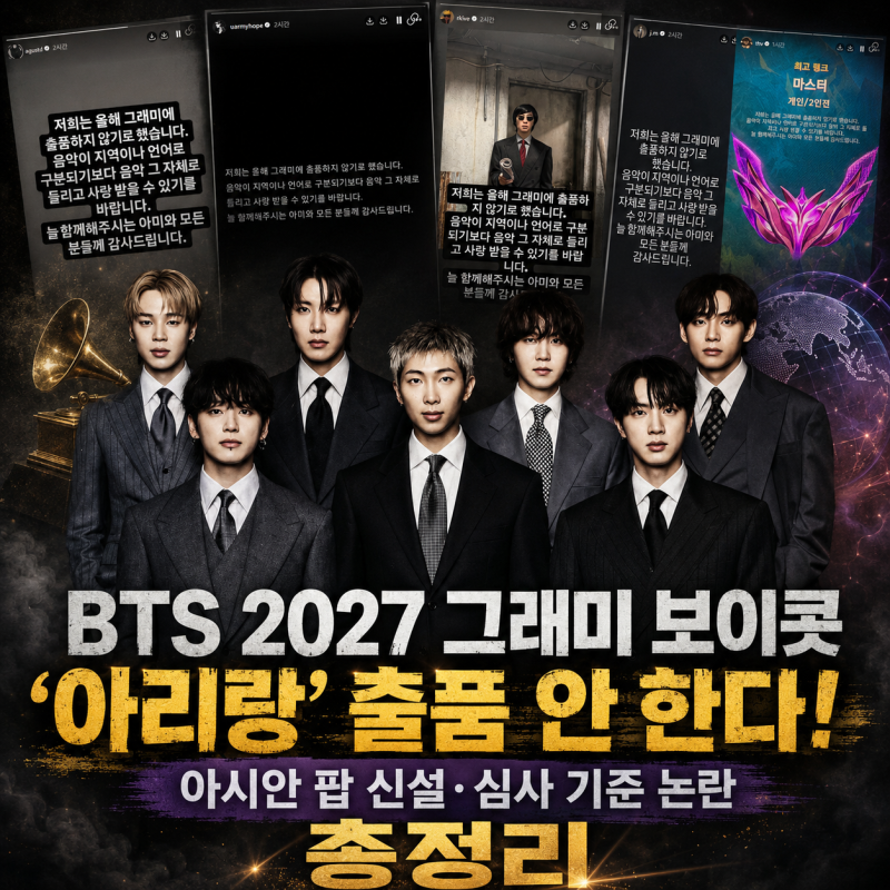 BTS 2027 그래미 보이콧, ‘아리랑’ 출품 안 한다! 아시안 팝 신설·심사 기준 논란 총정리
