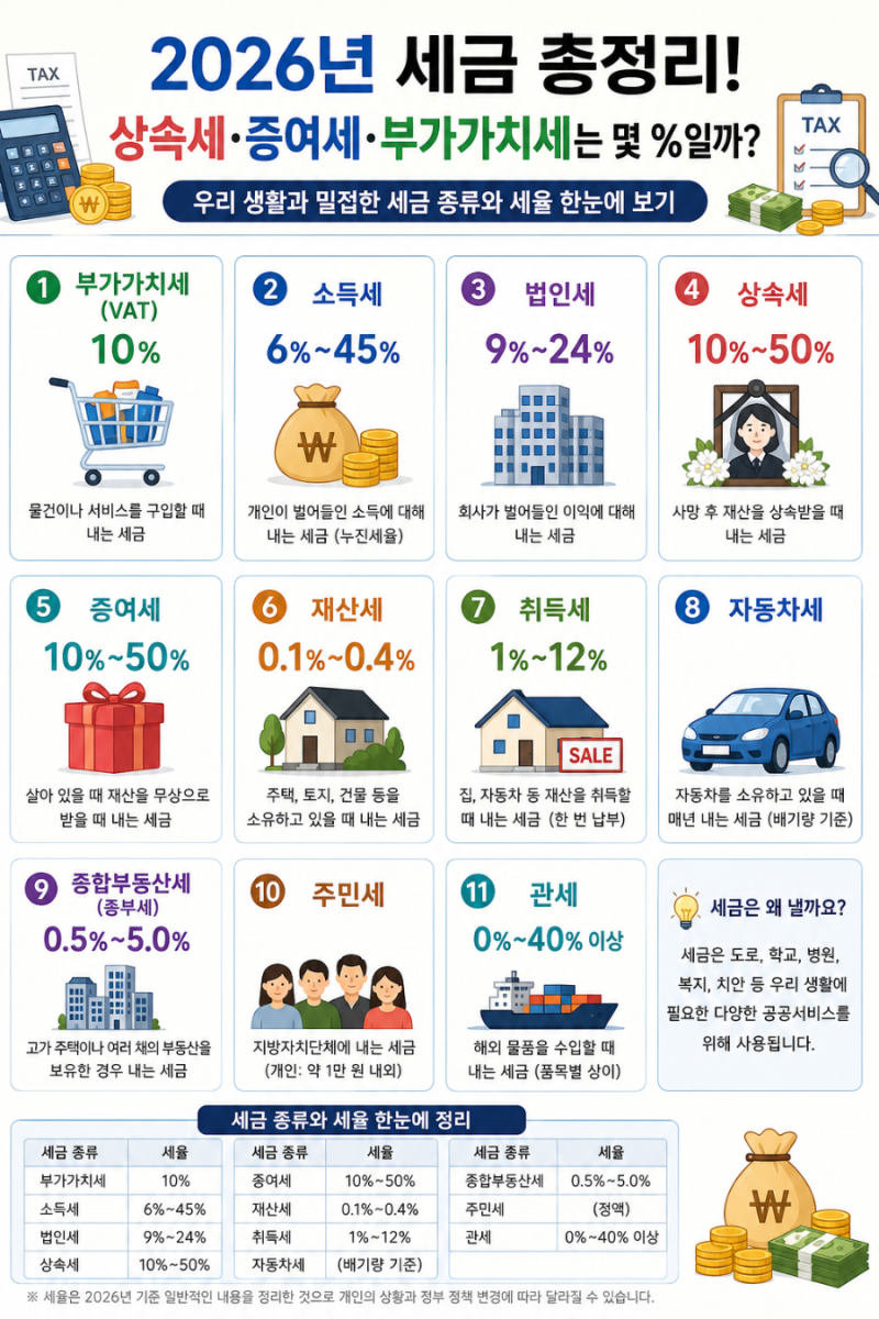 2026년 세금 총정리! 상속세·증여세·부가가치세는 몇 %일까?