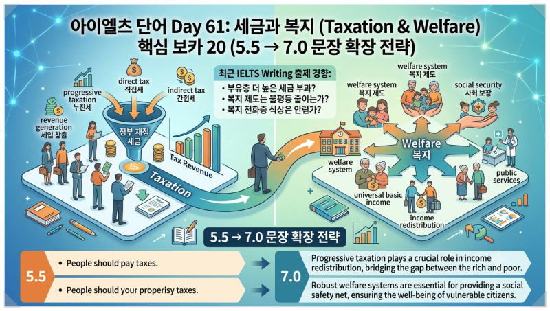 아이엘츠 단어 Day 61, 세금과 복지(Taxation & Welfare) 핵심 보카 20 (5.5 → 7.0 문장 확장 전략)