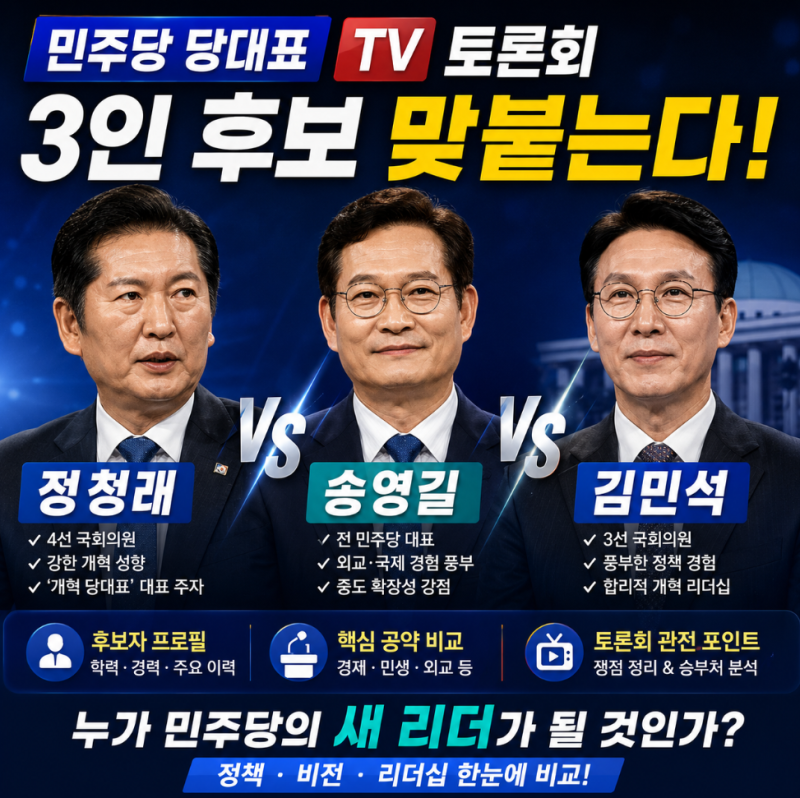 민주당 당대표 TV 토론회, 정청래 vs vs 송영길 vs 김민석 프로필