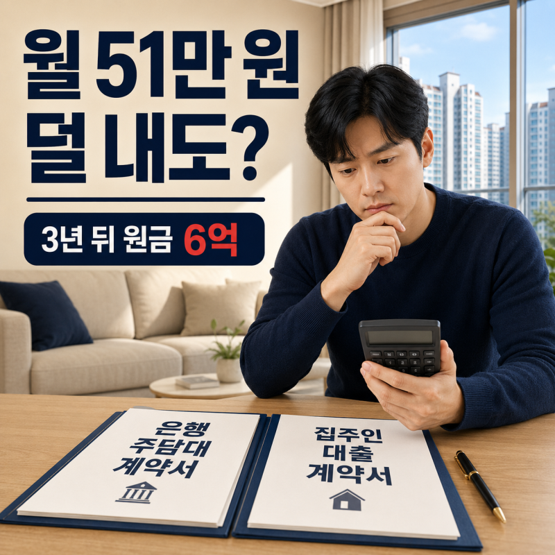 집주인 대출, 월 51만 원 덜 내도 3년 뒤 6억이 남는다…은행 주담대와 근저당·잔금 위험 비교