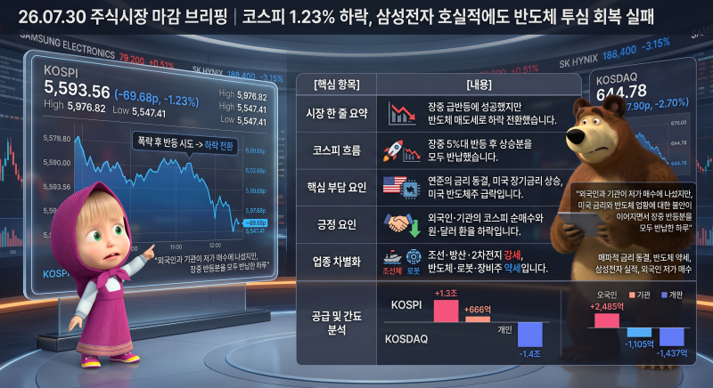 26.07.30 주식시장 마감 브리핑｜코스피 1.23% 하락, 삼성전자 호실적에도 반도체 투심 회복 실....
