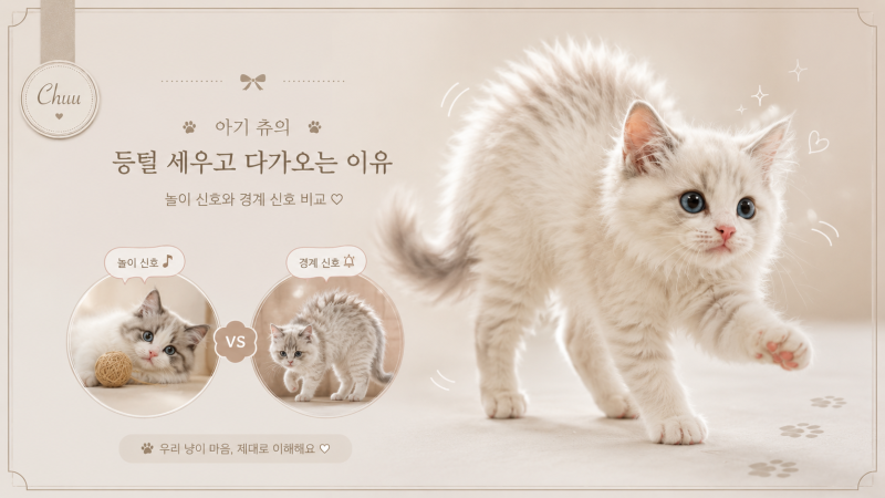 새끼 아기고양이 등털 세우는 이유: 게걸음 놀이 신호와 경계신호 비교, 손물기 방지 교육법