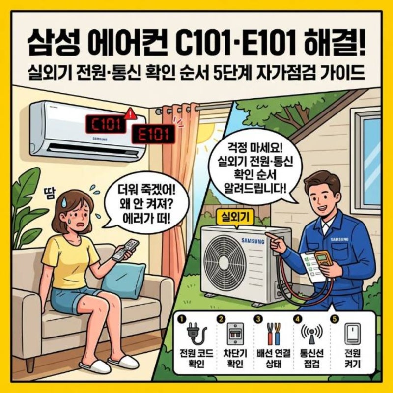 삼성 에어컨 C101·E101 뜰 때, 실외기 전원·통신 확인 순서