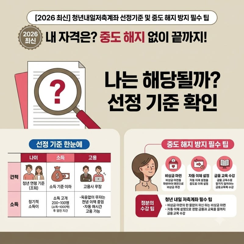 3년 뒤 1,000만원 차이 납니다, [2026 최신] 청년내일저축계좌 선정 기준 및 중도 해지 방지 필수....