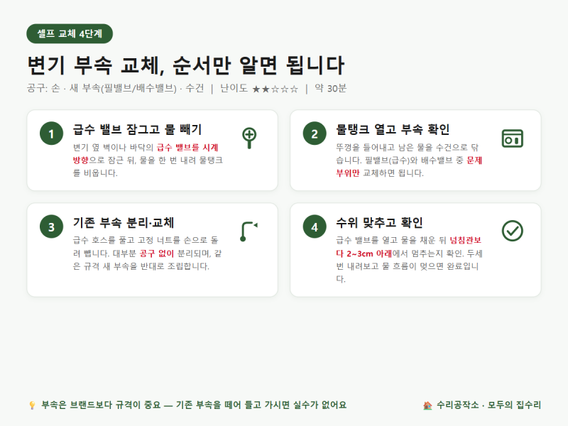변기 물 계속 흐를 때 부속 교체 방법｜필밸브·배수밸브 원인 구분부터 셀프 교체