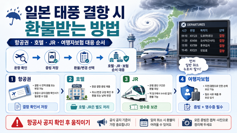 일본 태풍 결항 시 환불받는 방법｜항공권·호텔·JR·여행자보험 대응 순서