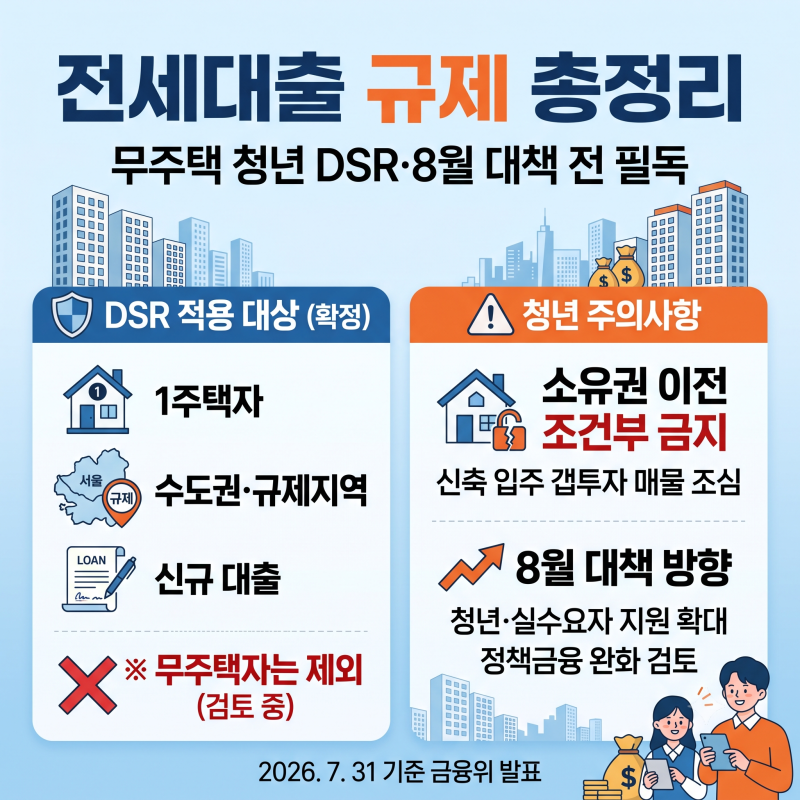 전세대출 규제 총정리 | 무주택 청년 DSR 적용 대상, 8월 대책 전 확인할 것