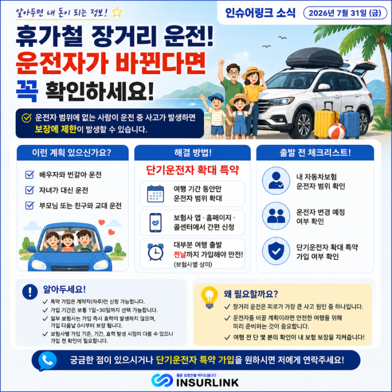 여름휴가 장거리 운전 전 꼭 확인! 자동차보험 단기운전자 확대 특약 총정리