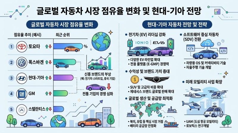 글로벌 완성차 시장 점유율 변화와 현대차 기아 전망