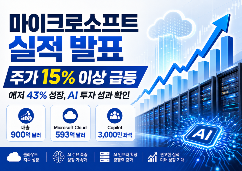 마이크로소프트 실적 발표, 주가 약 15% 급등 만든 애저 성장과 AI 투자 성과