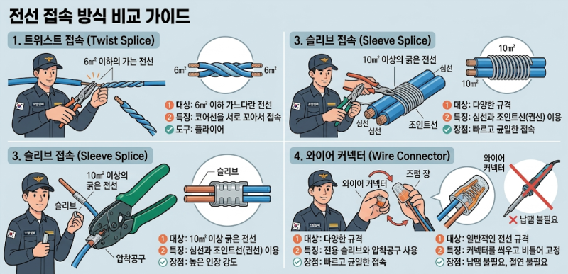[전기기능사 - 필기] 전선의 접속 방법, 전선 굵기에 따른 접속 방식, 기구 단자 접속 방법