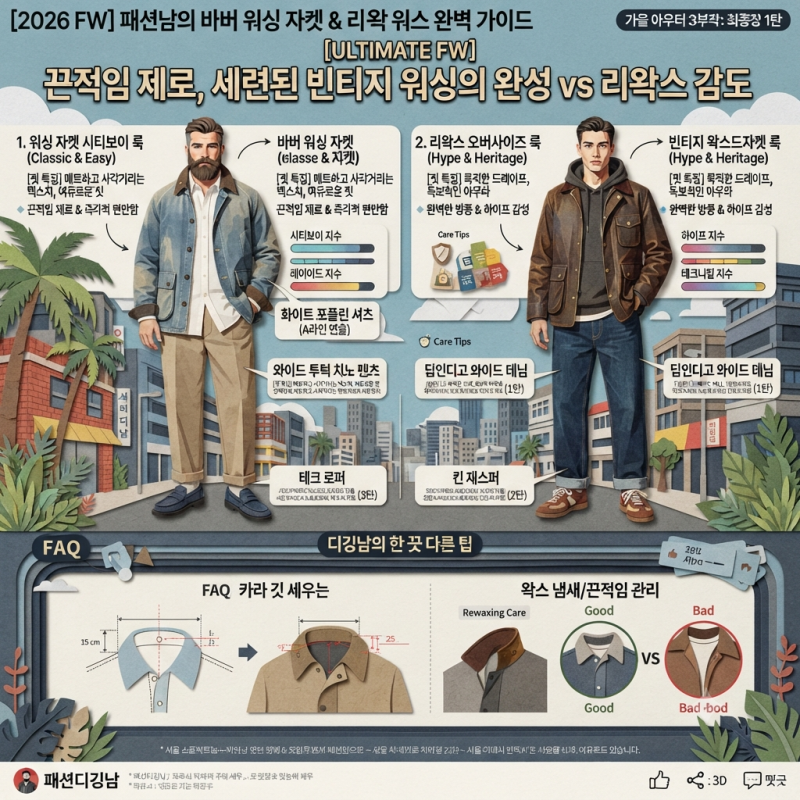 남자 바버 워싱 자켓 코디, 2026 빈티지 왁스드 아우터 시티보이 종결