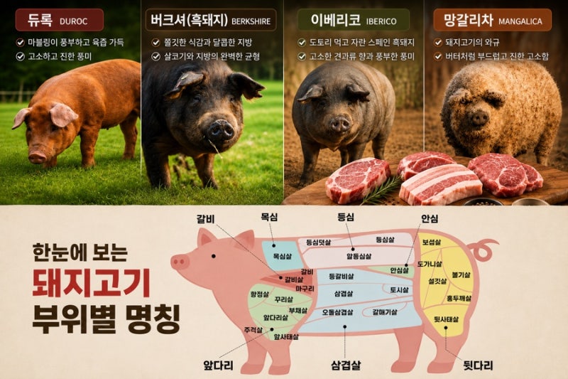 돼지고기 종류 부위 품종 비교 특징 (듀록, 버크셔, 이베리코, 망갈리차, 랜드레이스 등)