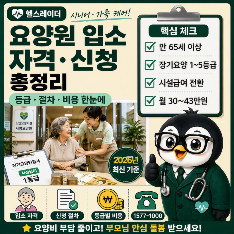 요양원 입소 자격과 신청 절차 총정리 (2026 등급·시설급여·비용·서류)