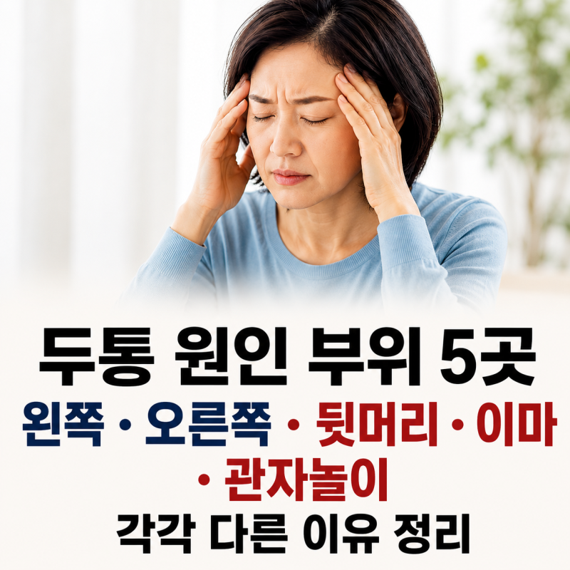 두통 원인 부위 5곳 — 왼쪽·오른쪽·뒷머리·이마·관자놀이 각각 다른 이유 정리