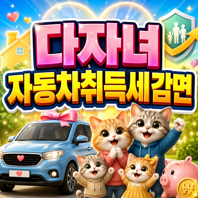 2026 다자녀자동차취득세감면 3자녀 일반 승용차 최대 140만원 절세와 2자녀 50% 혜택!