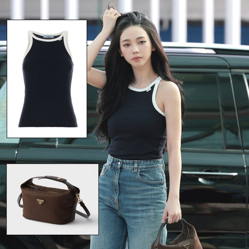 에스파 카리나 공항패션 옷 가방 프라다 토트백 나일론 미니백 & 민소매 나시 20대 30대 명품....
