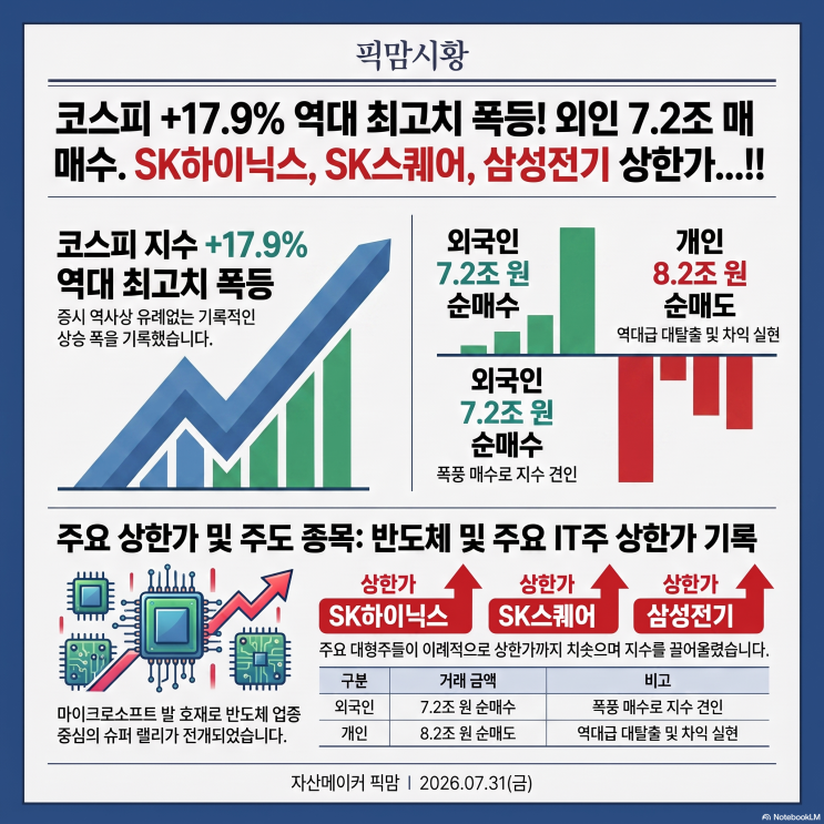 (7/31) <b>코스피</b> +<b>17.9%</b> 역대 최고치 <b>폭등</b>! 외인 7.2조 매수.... 