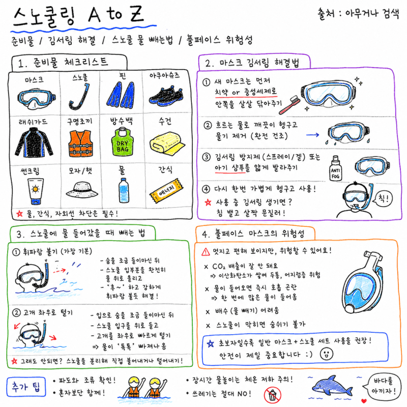 스노쿨링 준비물과 마스크 김서림 해결법 스노클 물 빼는법 풀페이스 위험성까지