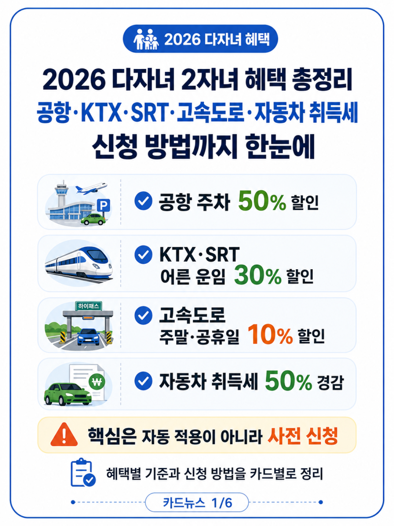 2026 2자녀 다자녀 혜택, 신청 안 하면 못 받습니다｜공항 주차부터 취득세까지