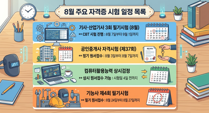 8월 놓치면 후회하는 국가자격 원서접수·시험 일정 총정리 — 기사·공인중개사·컴활·기능....