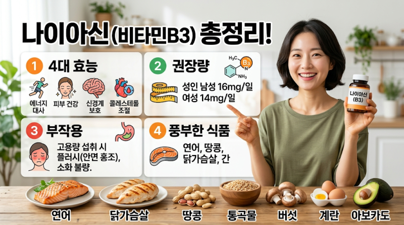 나이아신(비타민B3) 총정리 — 4대 효능·권장량·부작용·식품