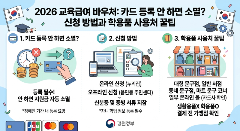 2026 교육급여 바우처 카드 등록 안 하면 소멸? 신청 방법과 학용품 사용처 꿀팁