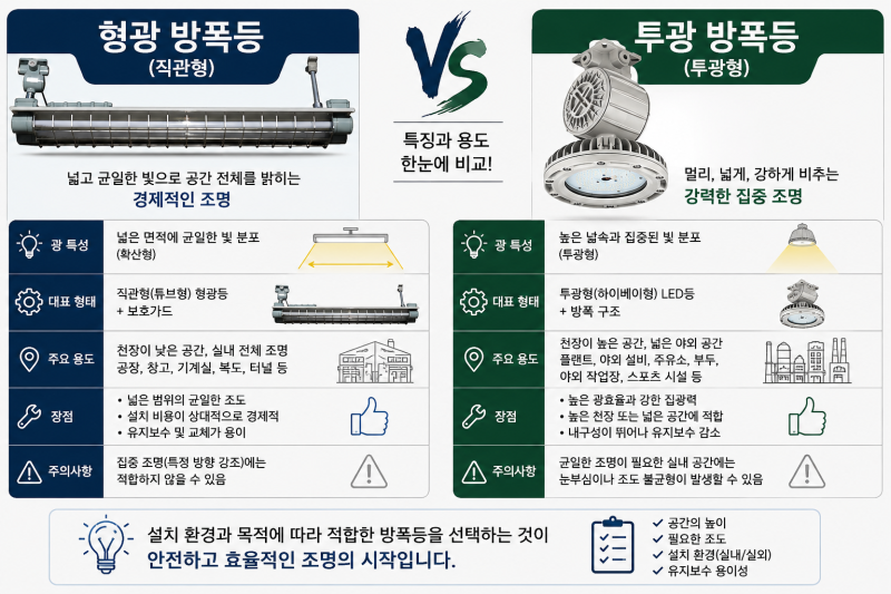 형광방폭등(내압방폭, 비점화방폭)과 투광등형(내압방폭, 비점화방폭) 방폭등, 어떤 차이가 ....