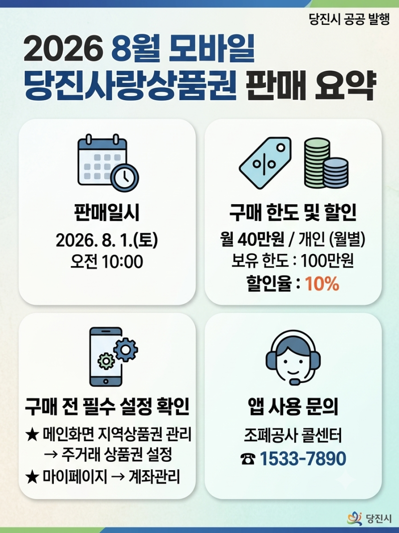 2026년 8월 모바일 당진사랑상품권 판매 안내 (구매 한도 및 할인율 총정리)