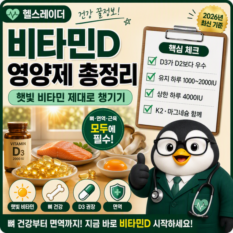 비타민D 영양제 총정리 (효능·D3 vs D2·용량·부족 증상·K2)