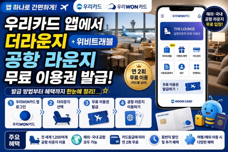 우리카드 우리WON카드 앱에 더라운지 위비트래블 공항 라운지 무료 이용권 발급 및 혜택 정리