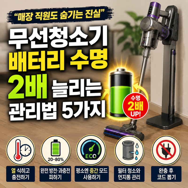 "매장 직원도 숨기는 진실" 무선청소기 배터리 수명 2배 늘리는 관리법 5가지