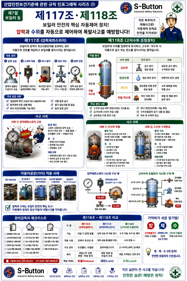 산업안전보건기준에 관한 규칙제117조(압력제한스위치)와 제118조(고저수위 조절장치)