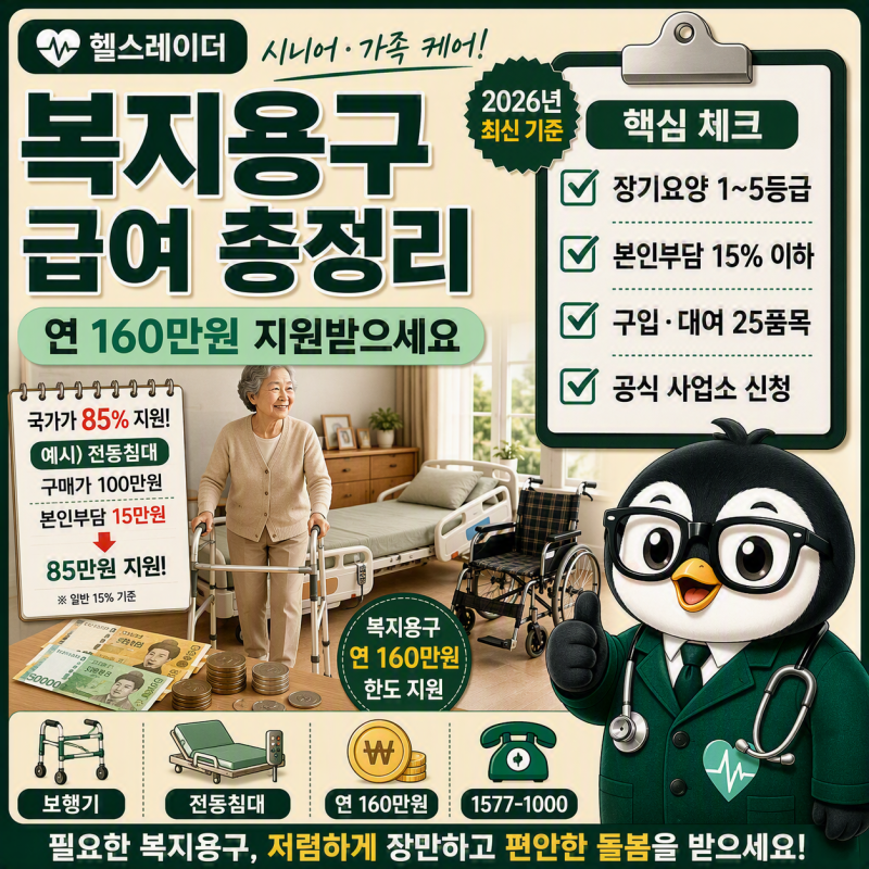 복지용구 급여 총정리 (2026 연 160만원 지원·품목·본인부담·신청법)