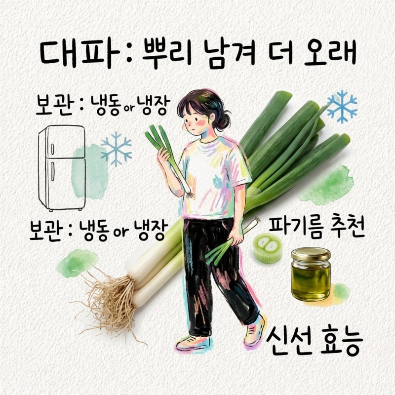 대파는 뿌리를 남기면 오래가는데 보관법 냉동보관 냉장보관 썰기 파기름 유통기한 효능