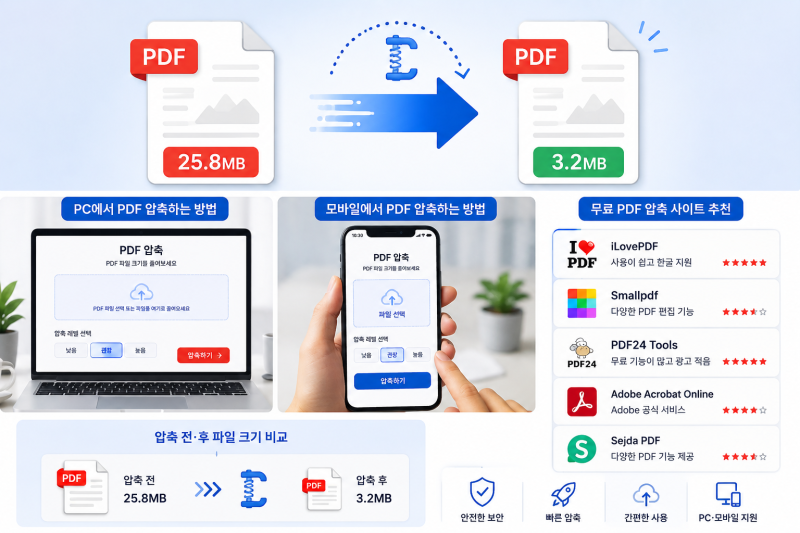 PDF 용량 줄이는 방법! 무료 압축 사이트 추천 및 PC·모바일 사용법 (2026 최신)