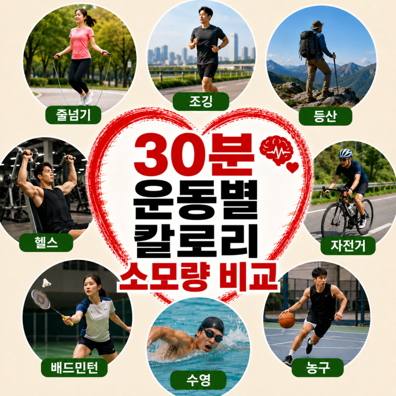 30분 운동별 칼로리 소모량 비교