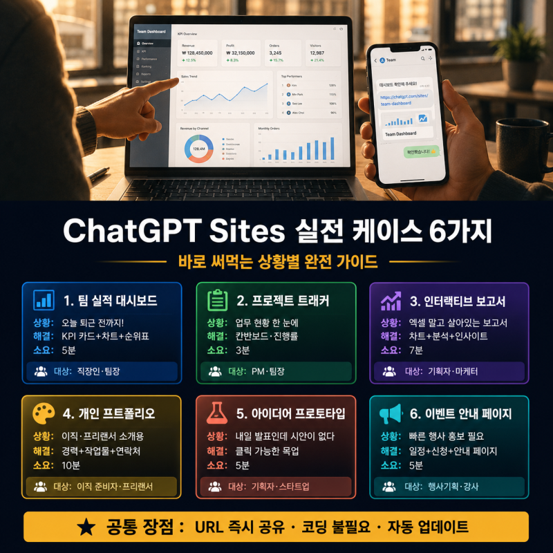 챗GPT Work Sites 완전 가이드 — 대시보드·보고서·포트폴리오 실전 케이스 6가지